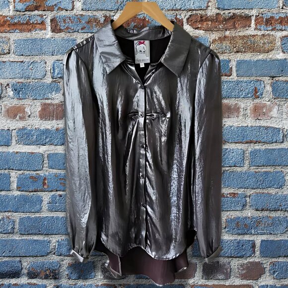NEW Anthropologie Yoana Baraschi Designer Brand Silver Metallic Long Foil Blouse - Picture 1 of 5